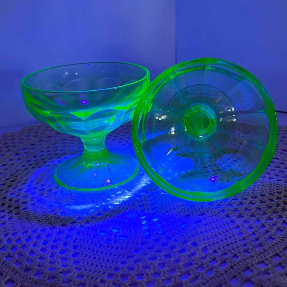 Pair of Federal Glass Vaseline Uranium Glass Sherbets Optic Panel 3”